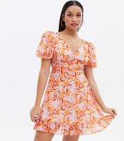 New Look Petite Orange Floral Ruched Puff Sleeve Mini Dress